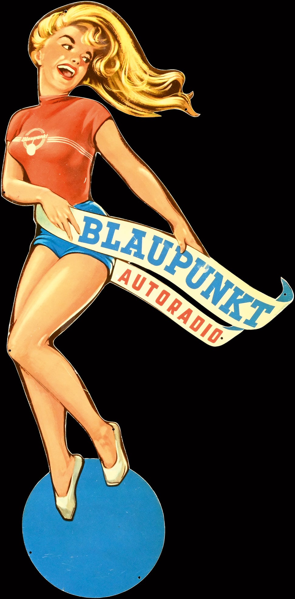 BLAUPUNKT AUTORADIO | 18" PIN UP: Aluminum tin, GER 1958, 22 x 45 cm, feels like a long time ago that we were able to offer this lady in such a fine condition | We do only sell old original pieces - no reproductions or fakes. We pack 