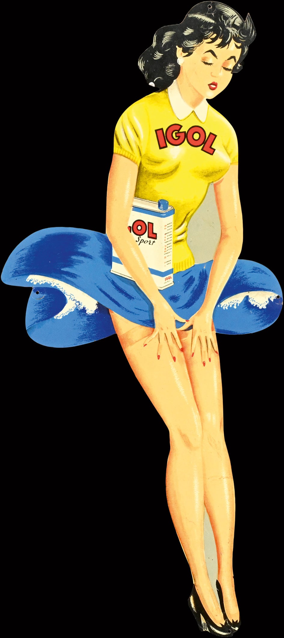 IGOL | 17" PIN UP: Igol girl with closed eyes, tin, F 1950s, 18,5 x 42 cm, marked: EDGA, more rare version | We do only sell old original pieces - no reproductions or fakes. We pack in house, most items can be shipped o