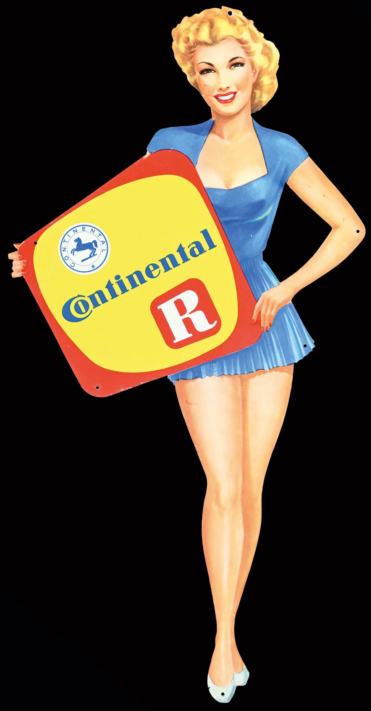 CONTINENTAL RADIAL | 18" PIN UP: Big Radial girl with 3 logos, tin, GER 1950s, 22 x 45 cm, a bit brittle, on the foot with minor dents | We do only sell old original pieces - no reproductions or fakes. We pack in house, most items ca
