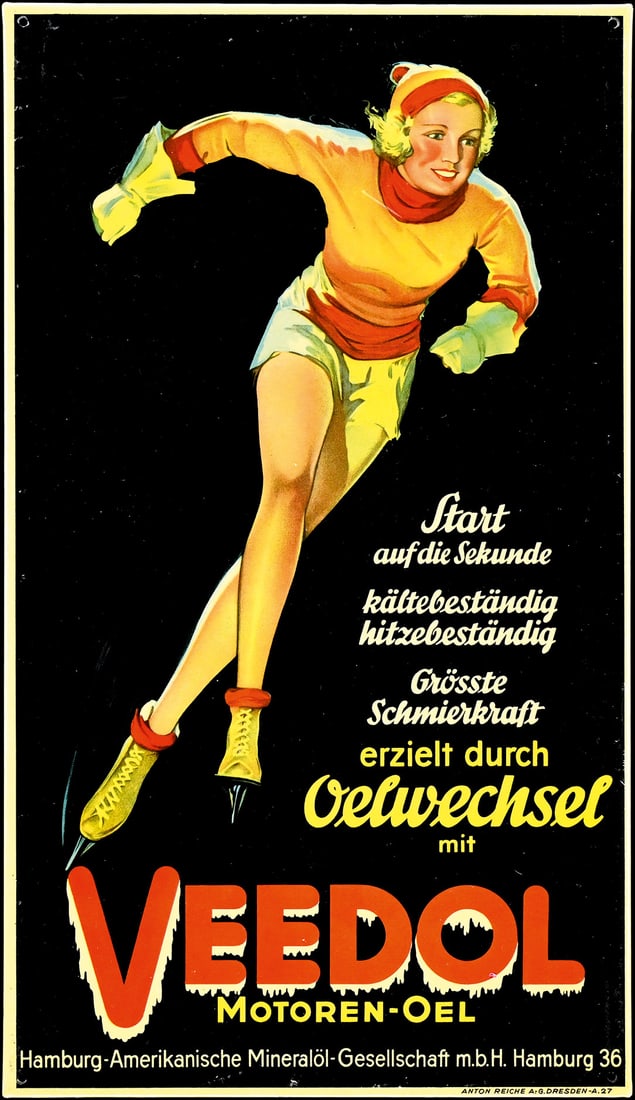 VEEDOL | 10" TIN SIGN | SUPERB CONDITION: Tin sign with iconic pin up depiction, lithographed, GER early 1950s, 14 x 25 cm, Anton Reiche, A.-G. Dresden, a condition that could hardly be better | We do only sell old original pieces - no reprod
