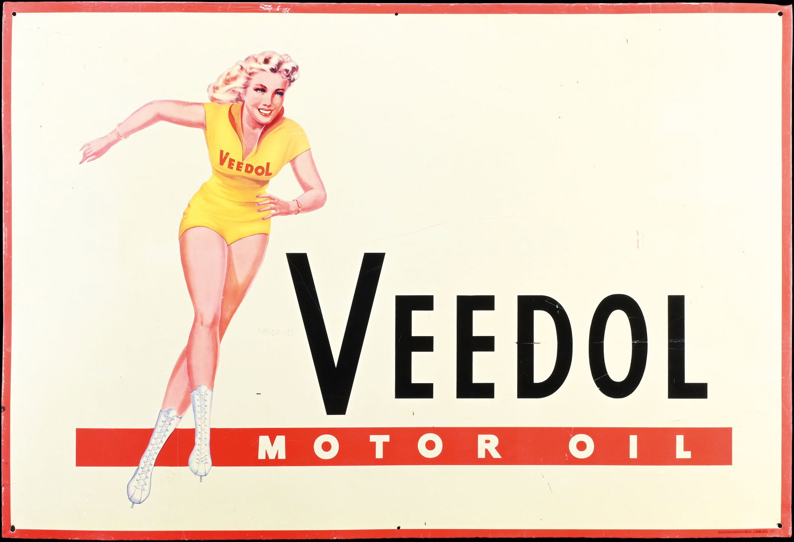 VEEDOL MOTOR OIL | RARE 29" TIN SIGN: Big Tin sign with pin-up depiction, dated March 1955, 74 x 50 cm, Blechwarenfabrik Limburg, the Veedol skater in her most beautiful depiction as you rarely see it | We do only sell old original pieces