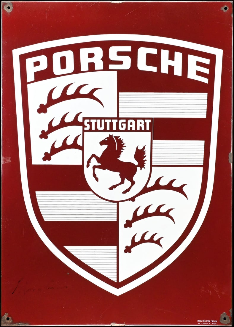 PORSCHE | RARE AUTHENTIC 35" PORCELAIN SIGN | WITH RACE DRIVER SIGNING (1 of 1)