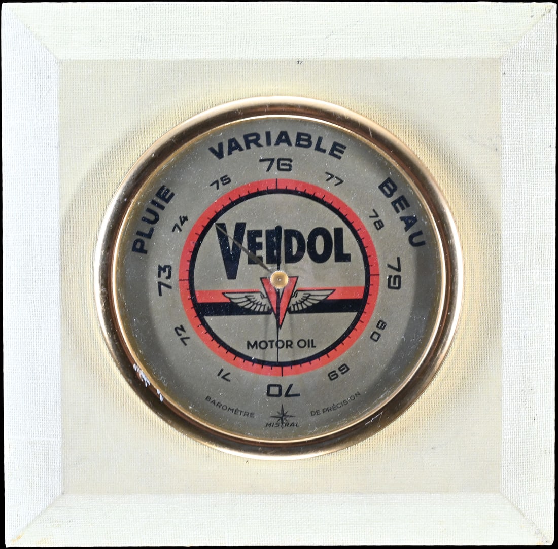 VEEDOL MOTOR OIL | 9" BAROMETER: Advertising barometer, 1950s, 23 x 23 cm, Mistral, function not tested | We do only sell old original pieces - no reproductions or fakes. We pack in house, most items can be shipped overseas. Wooden c
