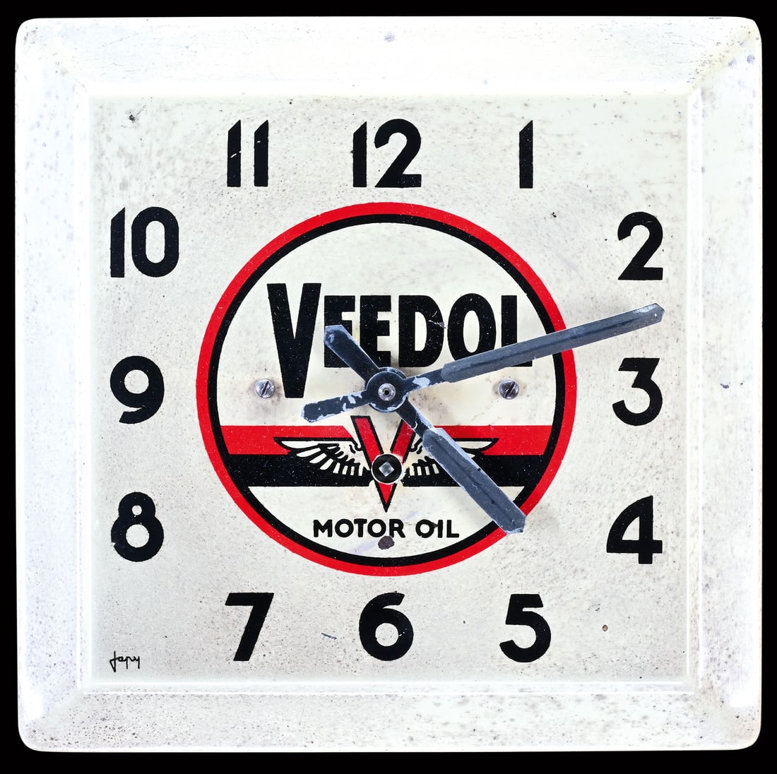 VEEDOL MOTOR OIL | 9" ADVERTISING CLOCK: Advertising clock, lacquered tin, 1950s, 23 x 23 cm, marked: Japy, function not tested | We do only sell old original pieces - no reproductions or fakes. We pack in house, most items can be shipped ov