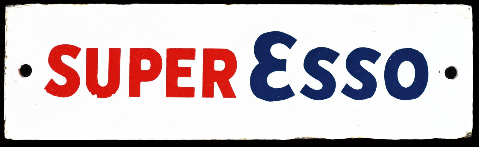 SUPER ESSO | 6" PORCELAIN SIGN: Porcelain sign ( Enamel sign ), stenciled, GER 1930, 16 x 5 cm, very rare | We do only sell old original pieces - no reproductions or fakes. We pack in house, most items can be shipped overseas. Woode