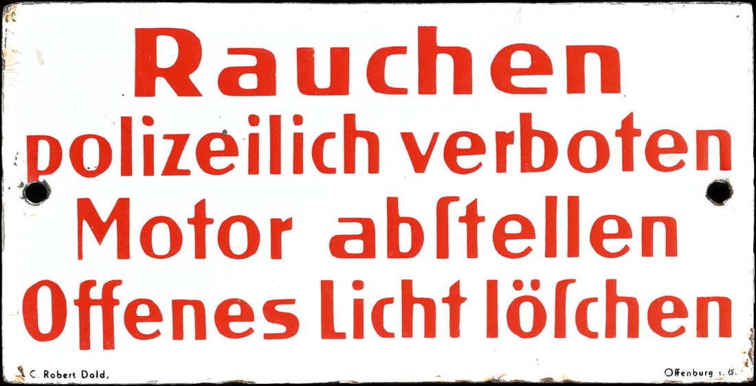 RAUCHEN POLIZEILICH VERBOTEN | 8" PORCELAIN SIGN: Porcelain sign ( Enamel sign ), convex, stenciled, 1930s, 20 x 10 cm, C. Robert Dold, Offenburg i.B. | We do only sell old original pieces - no reproductions or fakes. We pack in house, most items can
