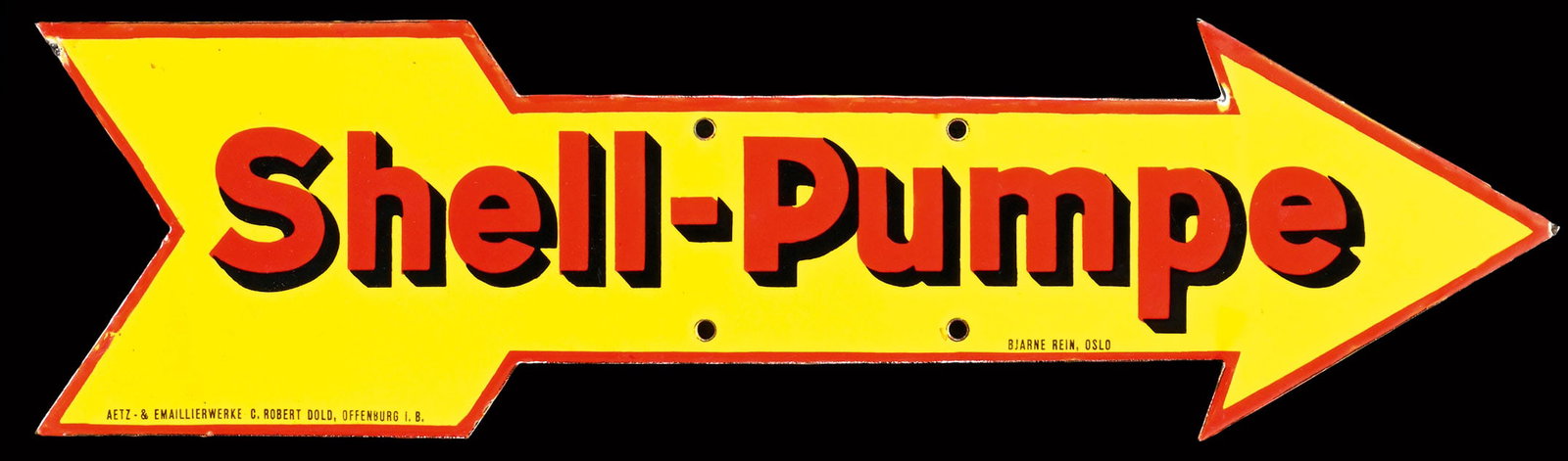 SHELL-PUMPE | SUPER RARE 22" PORCELAIN SIGN | SUPERB CONDITION: Porcelain sign ( Enamel sign ), stenciled, around 1930, 55 x 15 cm, Aetz- & Emaillierwerke C. Robert Dold, Offenburg i.B., one of the rarest Shell signs in existence - the small 'Pump Arrow,' which yo