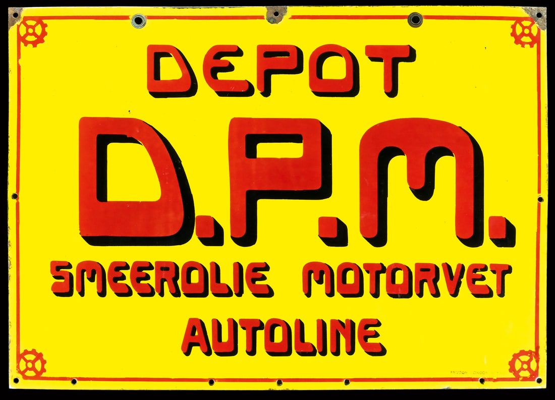 DEPOT D.P.M. | 27" PORCELAIN SIGN: Porcelain sign ( Enamel sign ), stenciled, NL around 1920, 68 x 48 cm, Bruton, London, England, this might be a Dutch predecessor of the Shell enamel signs that later became widespread, according to r