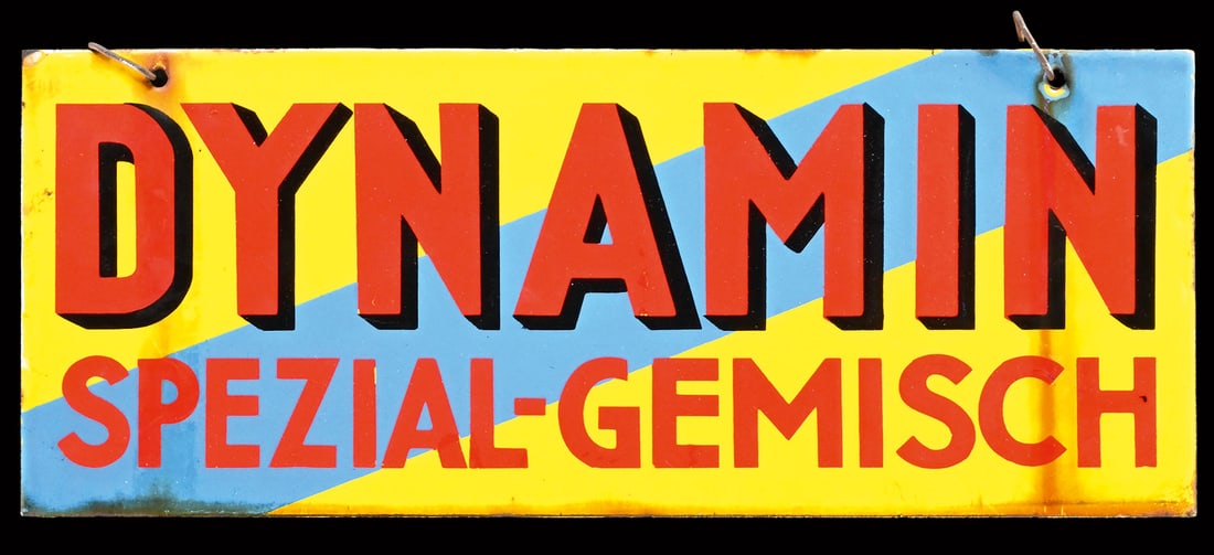 SHELL DYNAMIN | RARE 20" PORCELAIN SIGN | DOUBLE SIDED HANGER: Porcelain sign ( Enamel sign ), double-sided flange, stenciled, AT around 1930, 50 x 20 cm, very rare, once mounted below the square Dynamin enamel signs, a fresh find in uncleaned original condition 