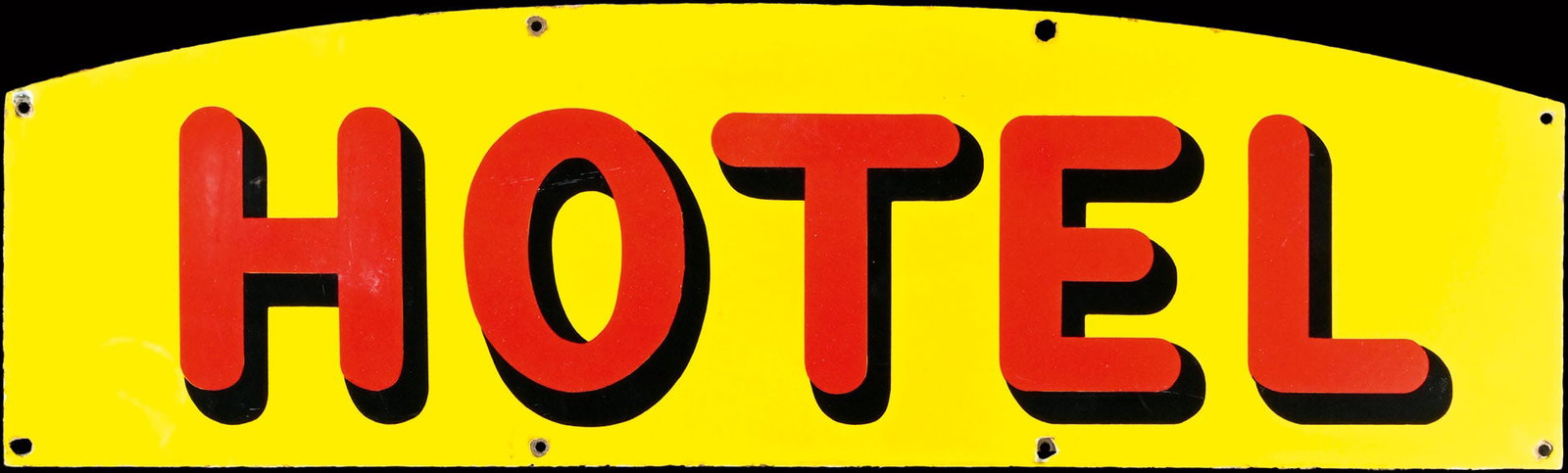 SHELL HOTEL | 39" PORCELAIN SIGN: Rare enamel sign of a gas station with guest rooms, stenciled, 1930s, 100 x 30 cm, a surprising find that wasn't known to us before | We do only sell old original pieces - no reproductions or fakes. W
