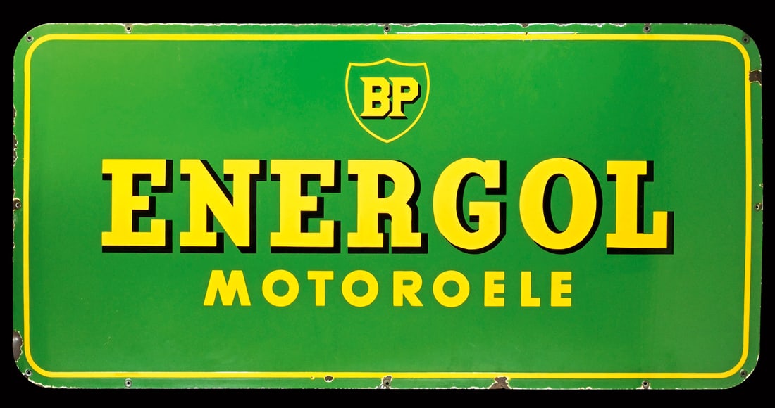 BP ENERGOL MOTOROELE | 77" PORCELAIN SIGN: Porcelain sign ( Enamel sign ), stenciled, GER 1950s, 195 x 95 cm, very beautiful gloss and colors | *Pickup only, delivery is available by prior arrangement, subject to an additional charge. | We do 