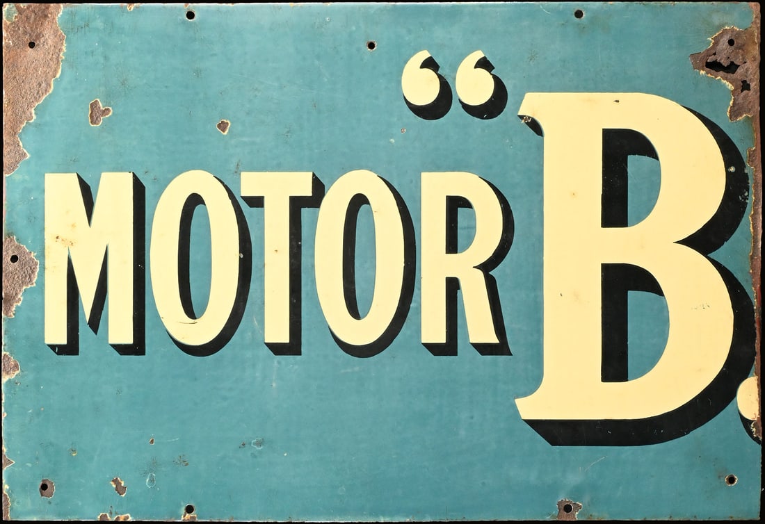 BP MOTOR SPIRIT | EARLY 54" PORCELAIN SIGN: Porcelain sign ( Enamel sign ), two-parts, stenciled, GB 1920s, 137 x 46 cm, Bruton & Sons, Palmers Green N., the fitting lettering to the 'BP Winner' sign, once mounted on a swing gate at an old work