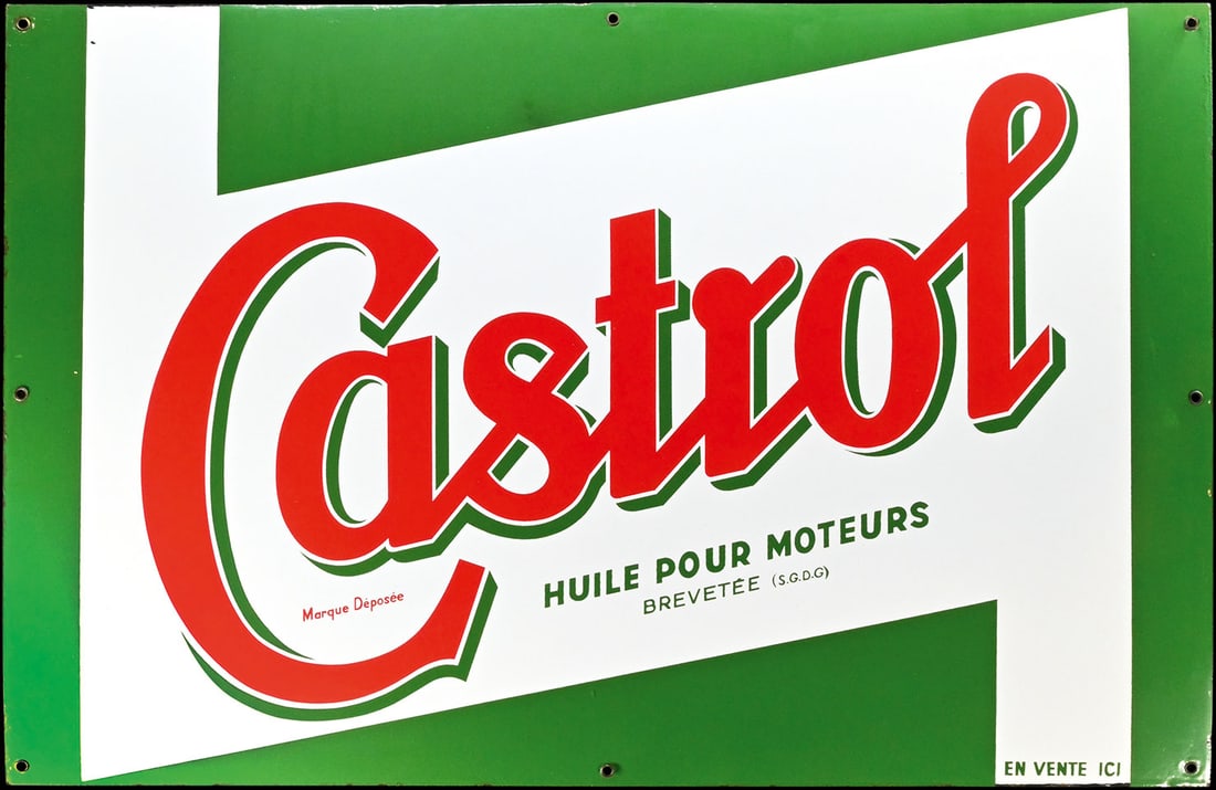 CASTROL HUILE POUR MOTEURS | 35" PORCELAIN SIGN | SUPERB CONDITION: Porcelain sign ( Enamel sign ), stenciled, F around 1960, 90 x 60 cm | We do only sell old original pieces - no reproductions or fakes. We pack in house, most items can be shipped overseas. Wooden cra