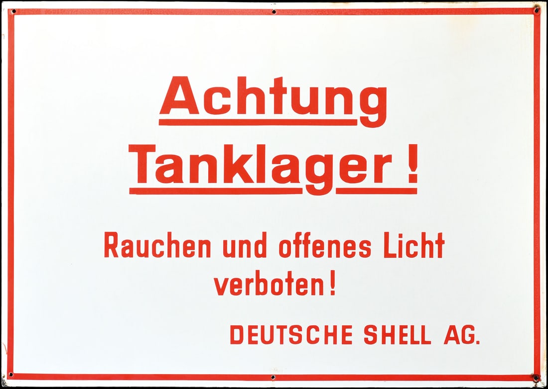 SHELL TANKLAGER | 33" PORCELAIN SIGN: Porcelain sign ( Enamel sign ), stenciled, GER around 1960, 85 x 60 cm, rare | We do only sell old original pieces - no reproductions or fakes. We pack in house, most items can be shipped overseas. Wo