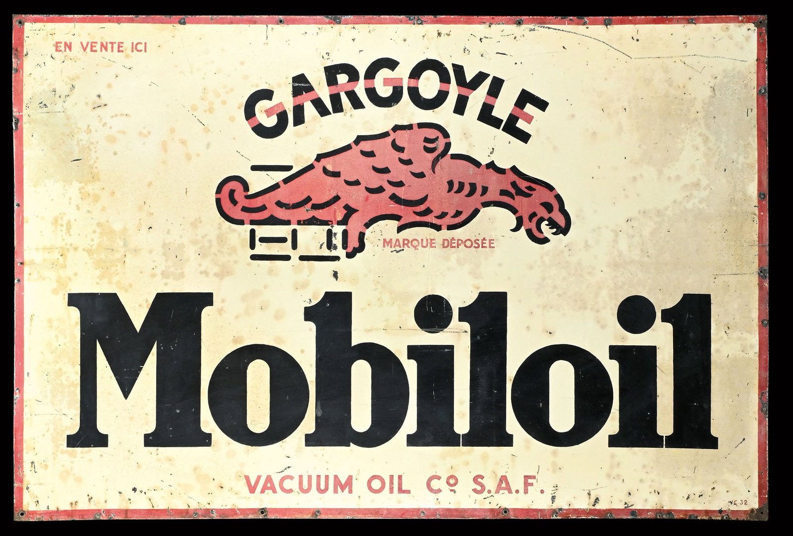 GARGOYLE MOBILOIL | 47" TIN SIGN: Big Tin sign, F around 1930, 120 x 80 cm | *Bulky-item shipping is available | We do only sell old original pieces - no reproductions or fakes. We pack in house, most items can be shipped overseas. Wo