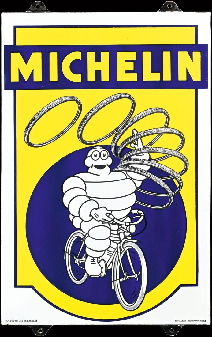 MICHELIN | 24" PORCELAIN SIGN | SUPERB CONDITION: Porcelain sign ( Enamel sign ), stenciled and lithographed, BE 1948, 40 x 60 cm, Emaillerie Belge-BruxellesWith playful ease, the Bibendum throws the bicycle tires through the air - one of the first p