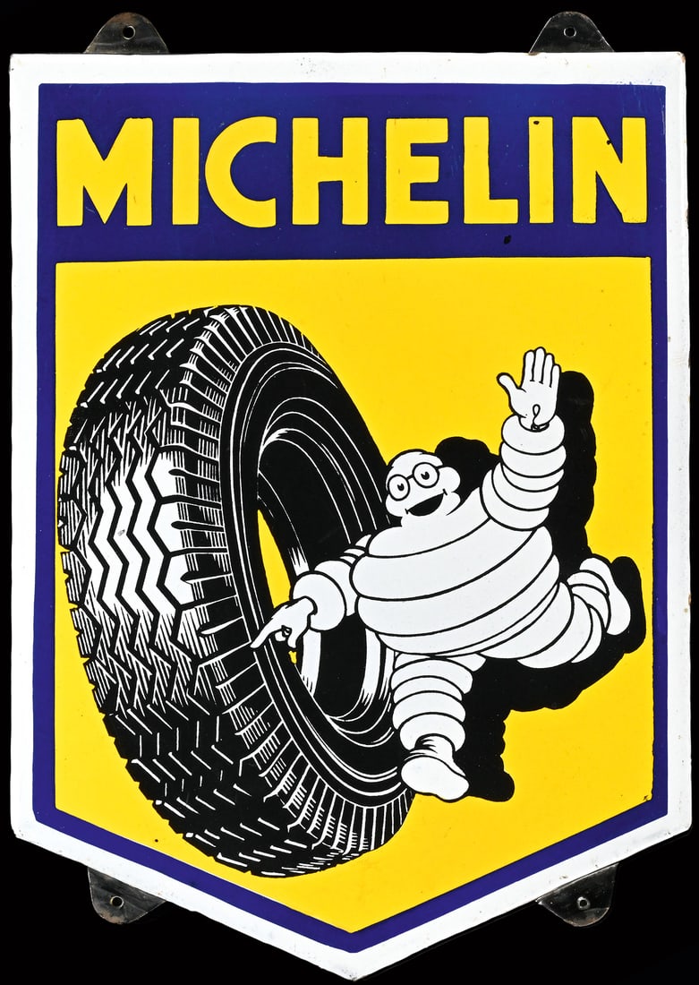 MICHELIN | 18" PORCELAIN SIGN: Porcelain sign ( Enamel sign ), stenciled, around 1950, 31 x 45 cm, rare thickly stenciled piece with flaps positioned more to the center as only known from other signs, according to our research it w