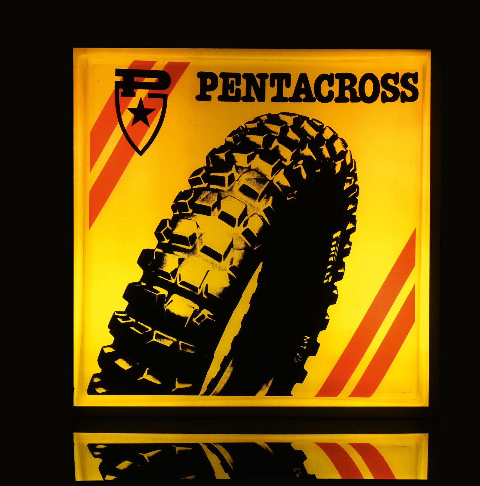 PIRELLI PENTACROSS | 20" LIGHTED SIGN: Old neon sign, plastic, tin body, IT 1970s, 50 x 50 cm, working | We do only sell old original pieces - no reproductions or fakes. We pack in house, most items can be shipped overseas. Wooden crates a