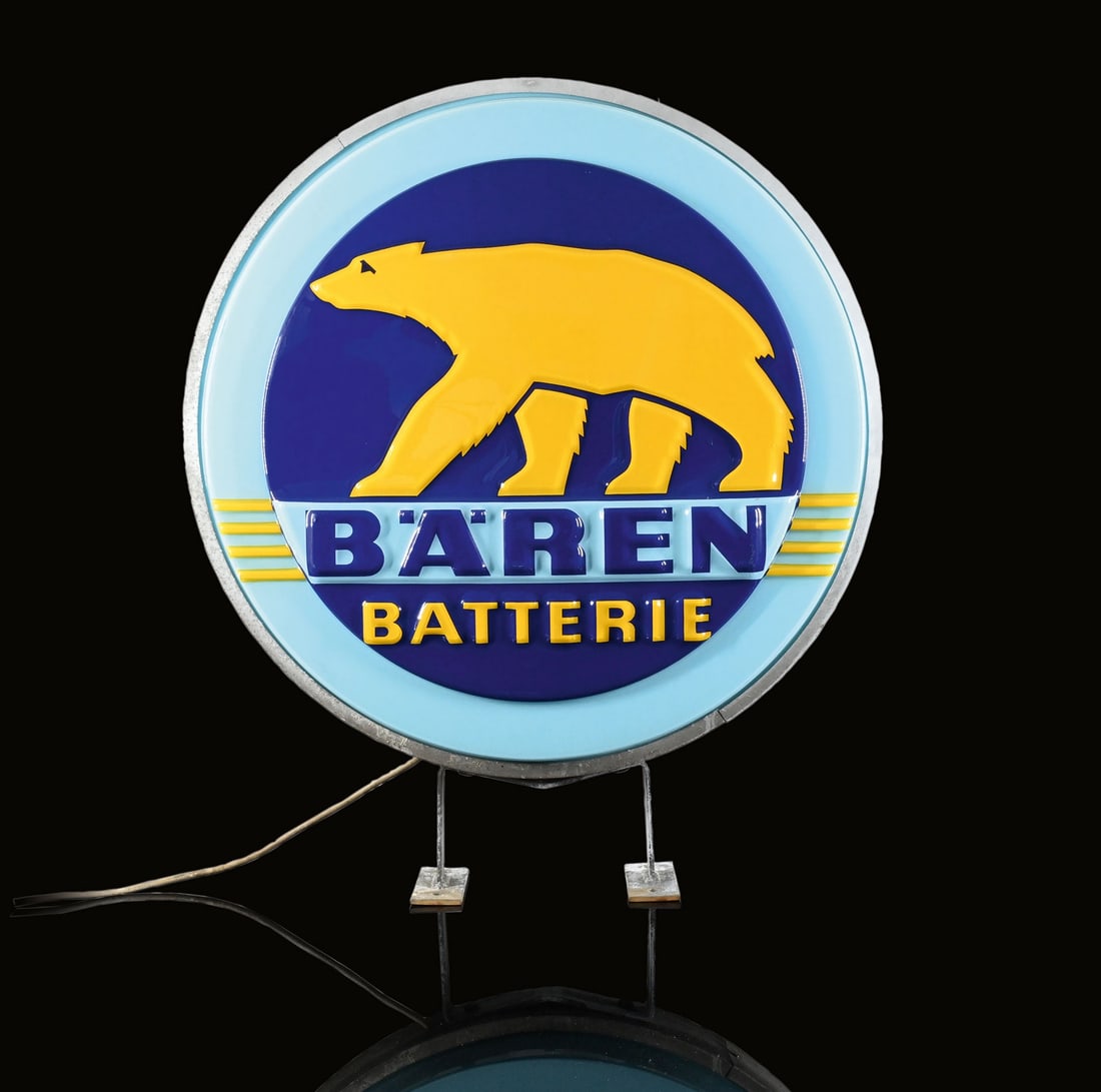 BAEREN BATTERIE | 39" LIGHTED SIGN | SUPERB CONDITION: Old neon advertising, double-sided, plastic embossed in relief, tin body with mounting, AT around 1960, 98 x 82 cm, Kahmann Lichtwerbung Wien, fully functional and still with the original neons | *Shi