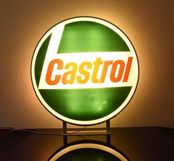 CASTROL | 49" LIGHTED SIGN: Neon sign, plastic with metall frame and mount, around 1970, diam. 125 cm, fully functional, this neon is an eyecatcher in every garage | *Pickup only, delivery is available by prior arrangement, subj