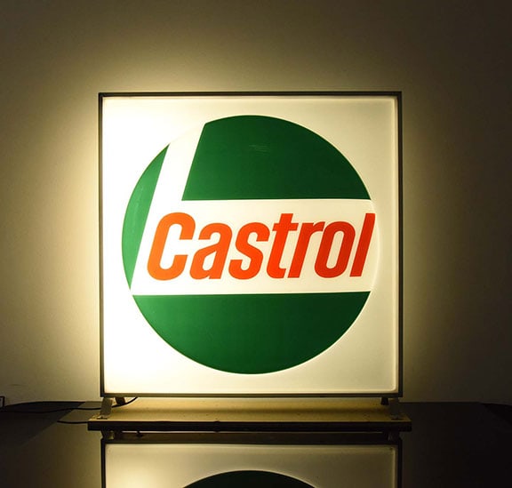 CASTROL | 43" LIGHTED SIGN: Neon sign, plastic with metall frame and mount, around 1970, 104 x 110 cm , fully funtional | *Pickup only, delivery is available by prior arrangement, subject to an additional charge or shipping as b