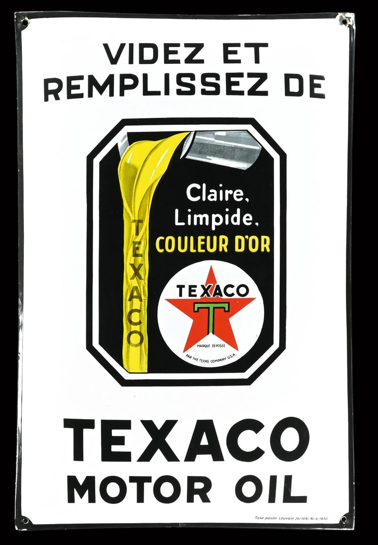 TEXACO MOTOR OIL | 30" PORCELAIN SIGN: Porcelain sign ( Enamel sign ), convex, stenciled and lithographed, dated 1930, 50 x 74 cm, clear and golden in color, the oil flows from the can into the engine; the lettering reminds the viewer to f