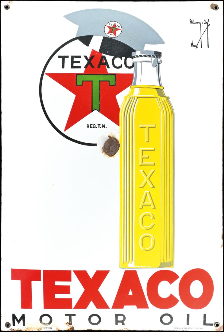 TEXACO MOTOR OIL | 30" PORCELAIN SIGN: Porcelain sign ( Enamel sign ), convex, stenciled and lithographed, BE 1936, 50 x 75 cm, Emaillerie Belge, Brux., signed: Delamare & Cerf, Brux., very glossy surface, the borders with traces of aging,