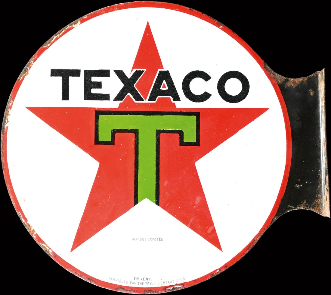 TEXACO | 18" PORCELAIN SIGN | DOUBLE SIDED FLANGE: Porcelain sign ( Enamel sign ) as double-sided flange, stenciled, F around 1930, 45 x 40 cm, rare small flange with heavy iron | We do only sell old original pieces - no reproductions or fakes. We pac