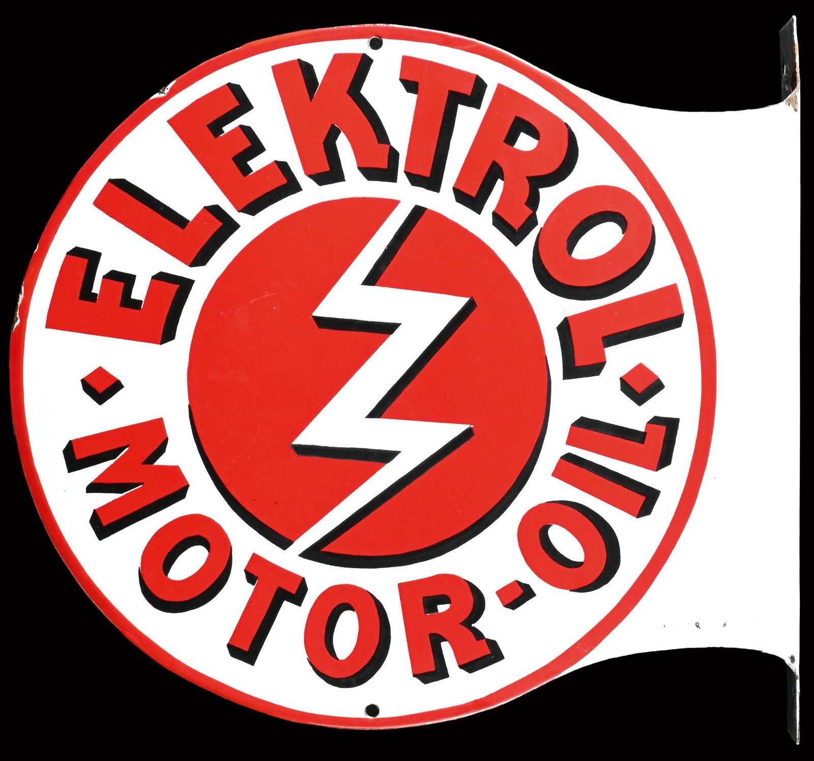 ELEKTROL MOTOR-OIL | 18" PORCELAIN SIGN | DOUBLE SIDED FLANGE: Porcelain sign ( Enamel sign ) as double-sided flange, stenciled, SWE around 1930, 45 x 40 cm, Carl Lund Fabr., Malmoe, Ossag also advertised Elektrol with the electric refined motor oil, slightly dul