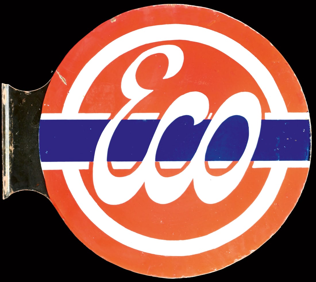ECO | 22" PORCELAIN SIGN | DOUBLE SIDED FLANGE: Porcelain sign ( Enamel sign ) as double-sided flange, stenciled, F around 1930, 55 x 50 cm | We do only sell old original pieces - no reproductions or fakes. We pack in house, most items can be shipp