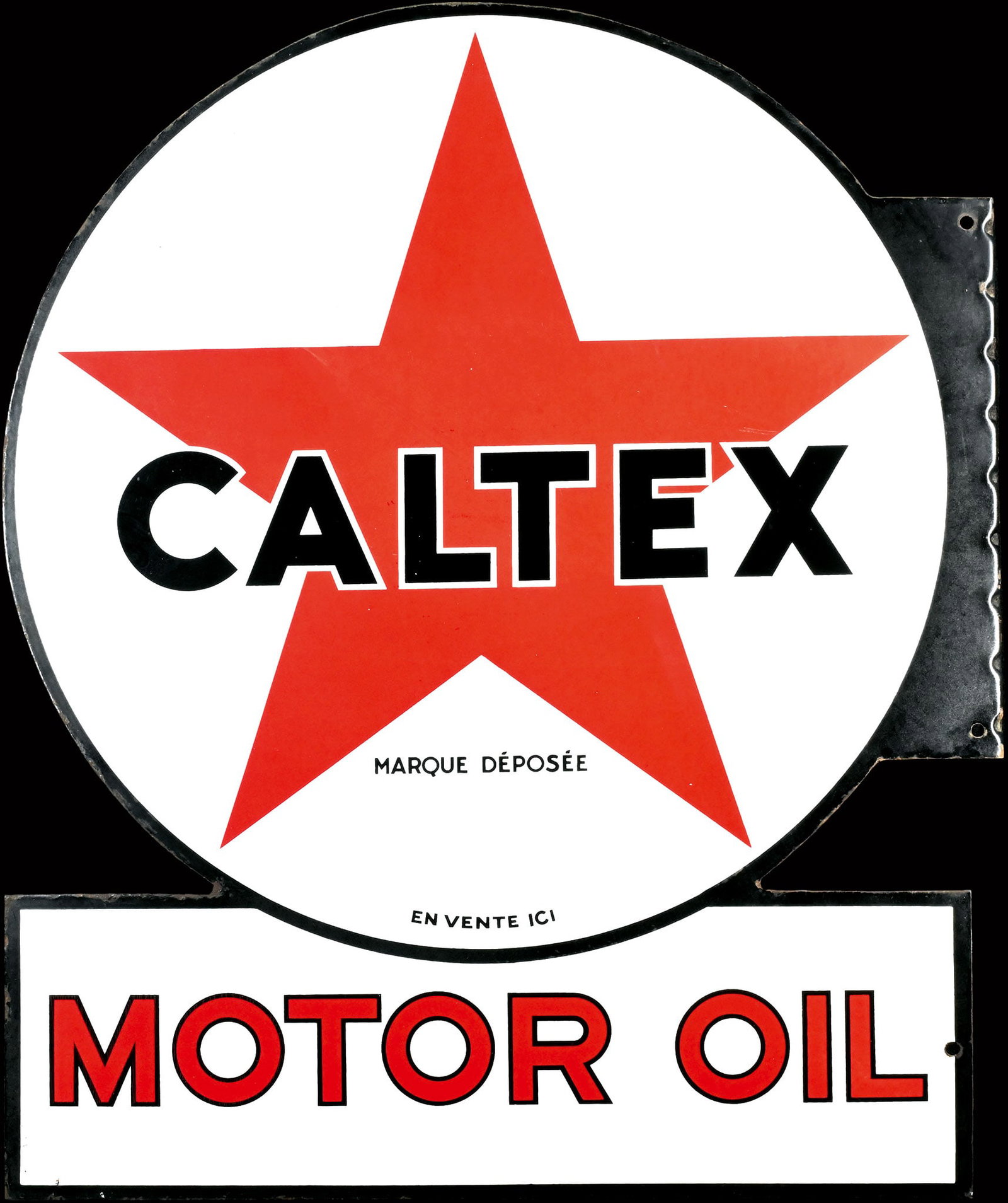 CALTEX MOTOR OIL | 35" PORCELAIN SIGN | DOUBLE SIDED FLANGE: Porcelain sign ( Enamel sign ) as double-sided flange, stenciled, 1950s, 73 x 88 cm | We do only sell old original pieces - no reproductions or fakes. We pack in house, most items can be shipped overs