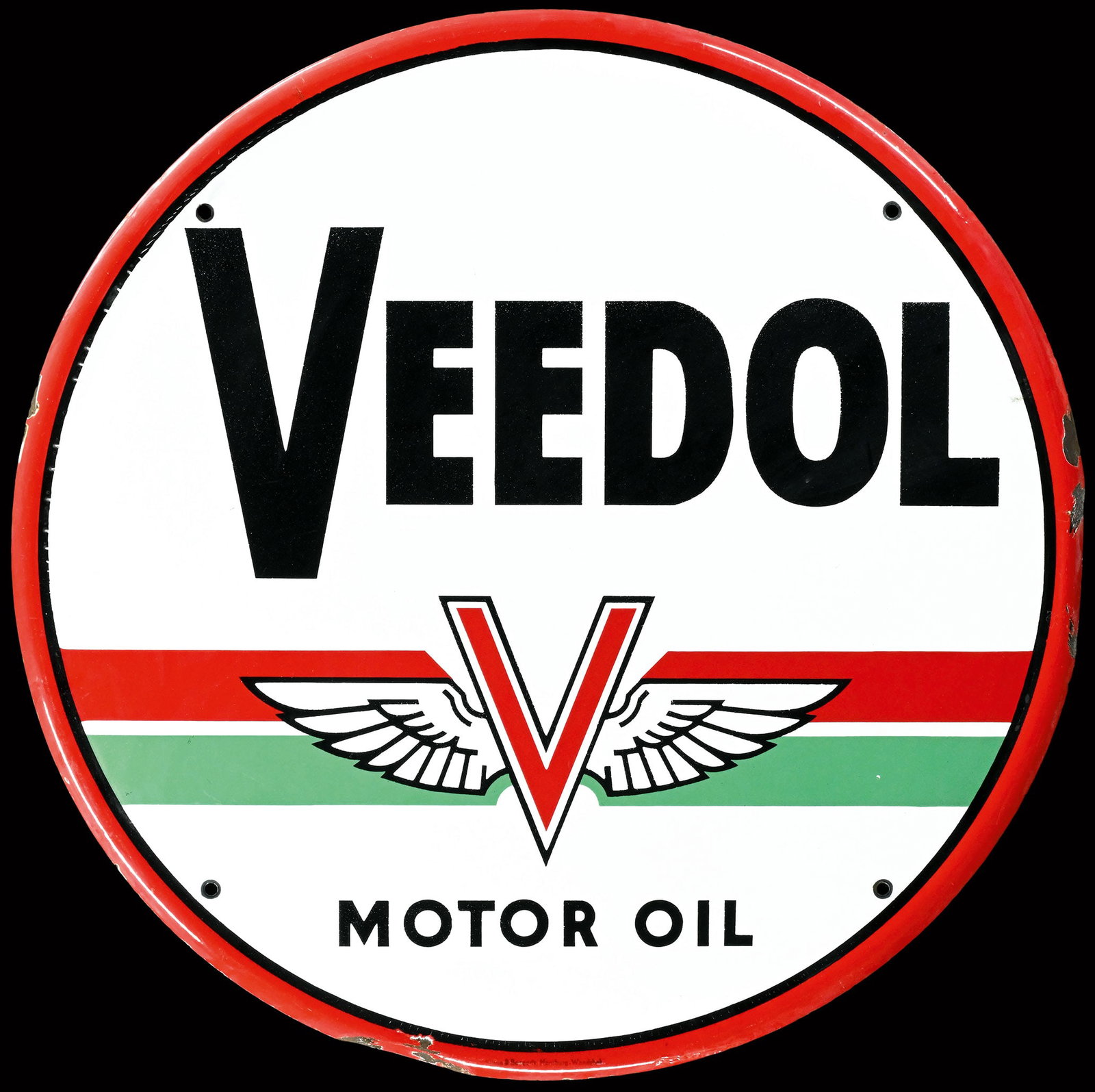 VEEDOL MOTOR OIL | 30" PORCELAIN SIGN: Porcelain sign ( Enamel sign ), stenciled, 1950s, diam. 75 cm, Klimo & Bongartz, Hamburg, rare version with green stripes and wings, very good gloss and colors, only the borders with light damages | W