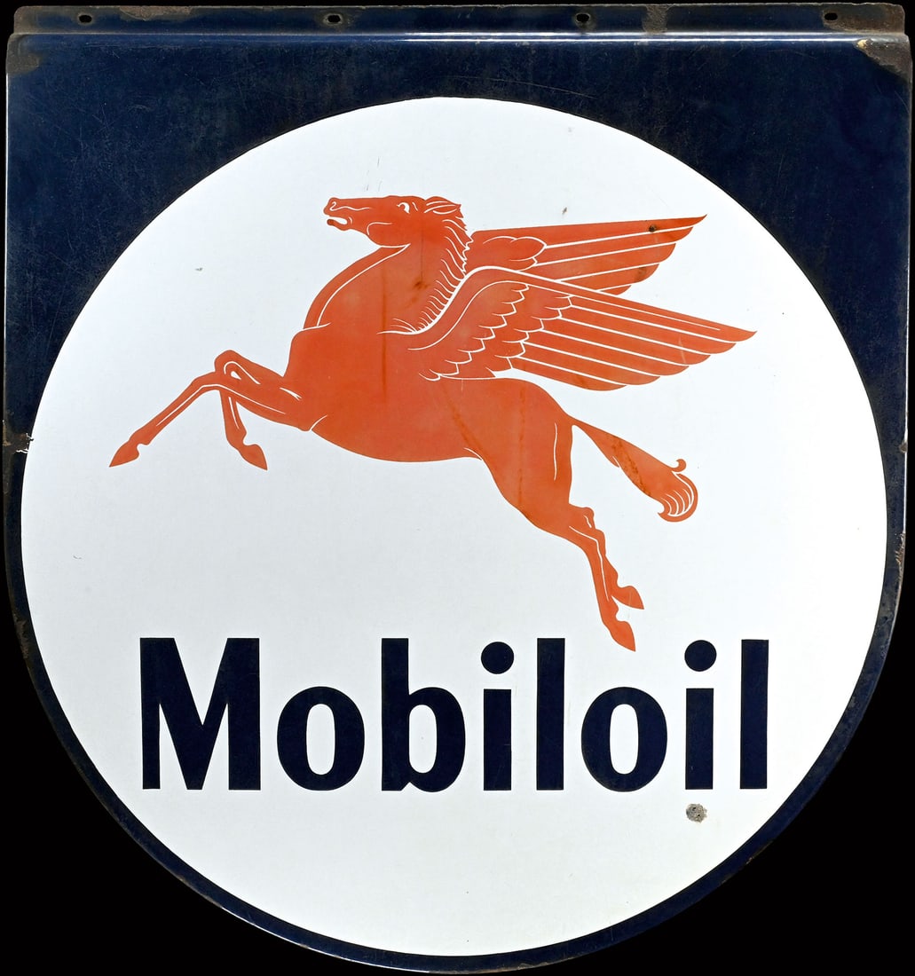 MOBILOIL | 31" PORCELAIN SIGN: Porcelain sign ( Enamel sign ), stenciled, 1950s, 72 x 79 cm, traces of weathering | We do only sell old original pieces - no reproductions or fakes. We pack in house, most items can be shipped overse