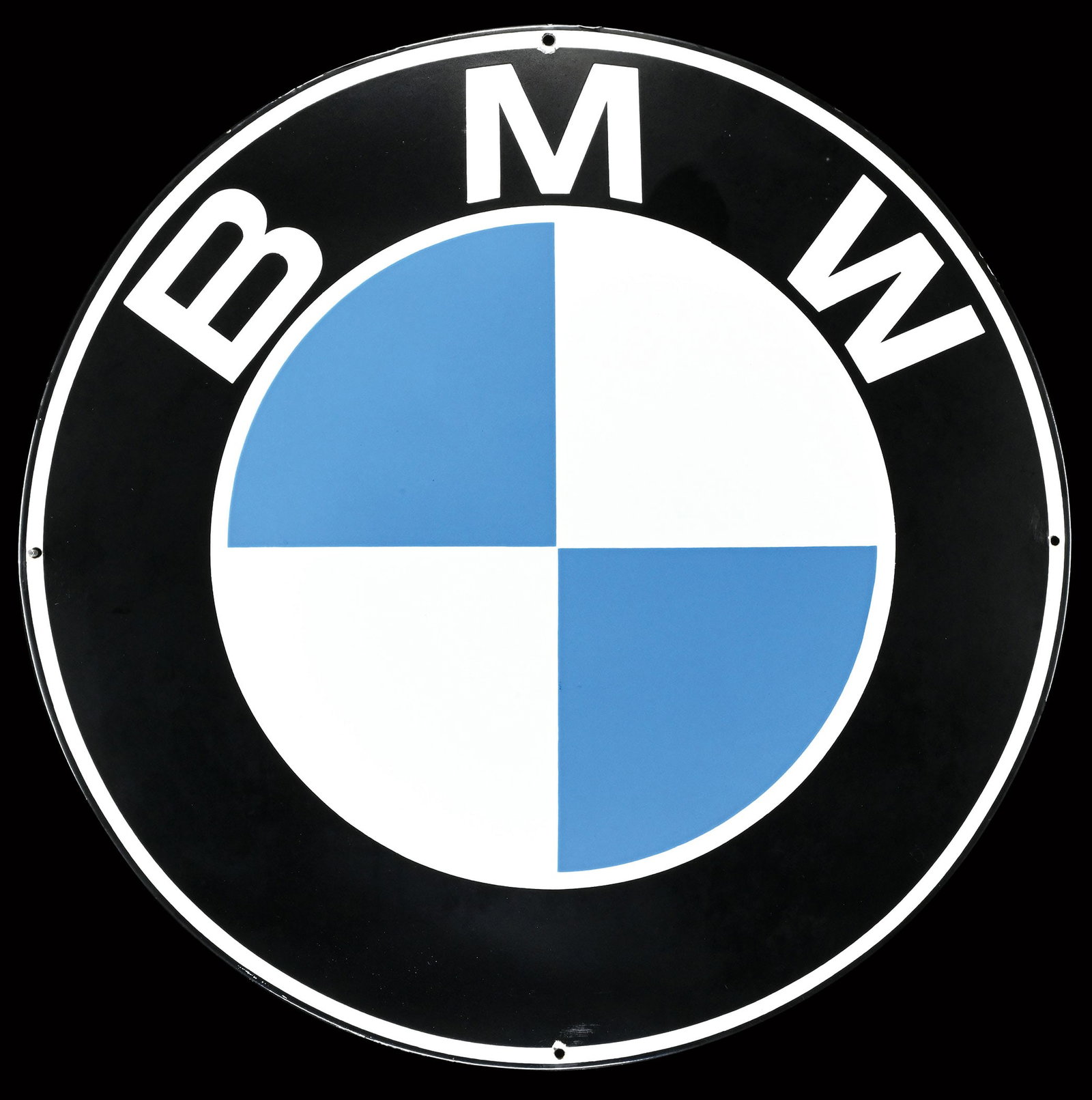 BMW | 24" PORCELAIN SIGN | SUPERB CONDITION: Porcelain sign ( Enamel sign ), convex, stenciled, GER 1960s, diam. 60 cm, Boos & Hahn, Ortenberg/Baden | We do only sell old original pieces - no reproductions or fakes. We pack in house, most items 