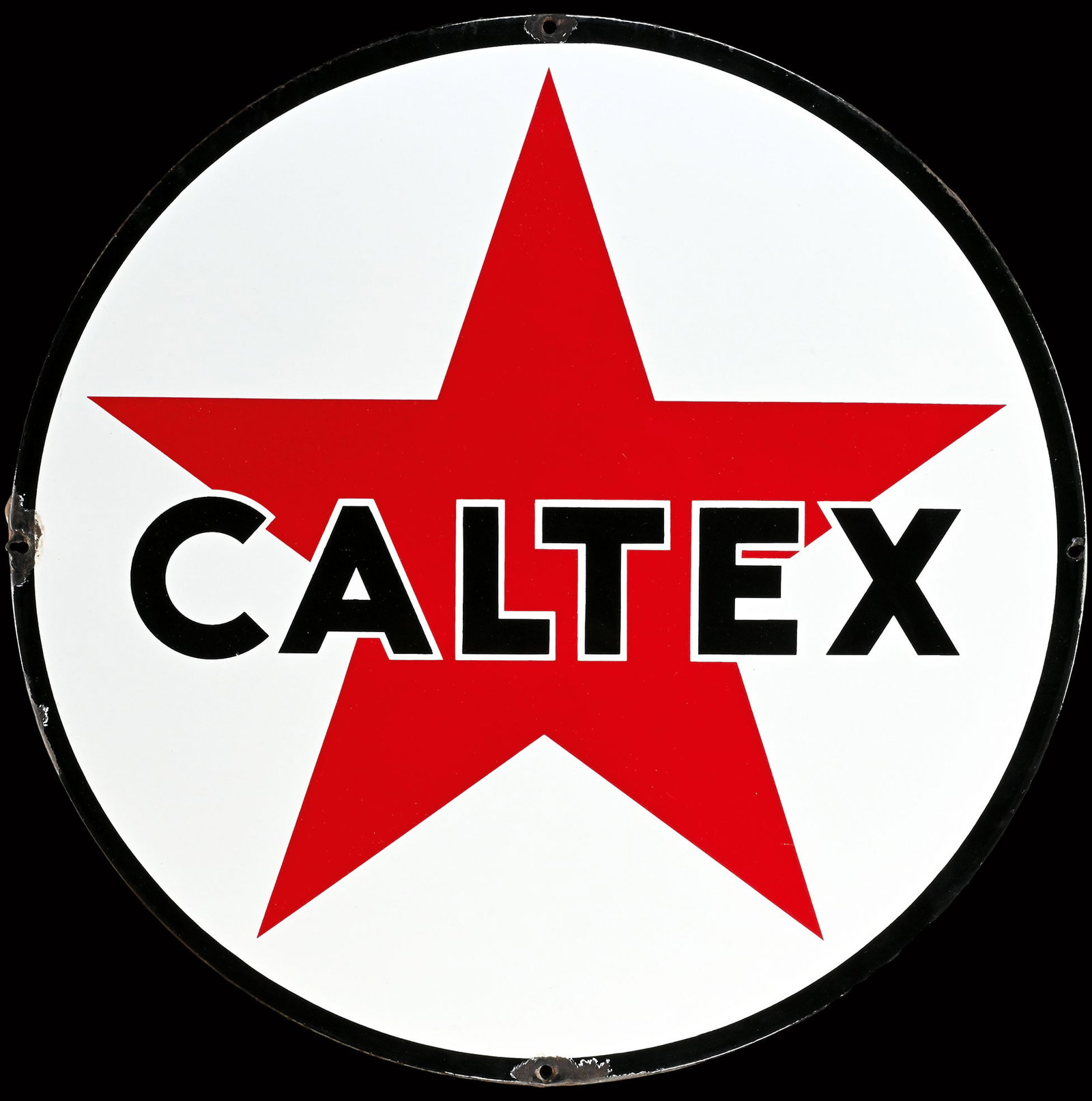 CALTEX | 24" PORCELAIN SIGN: Porcelain sign ( Enamel sign ), stenciled, around 1960, diam. 60 cm | We do only sell old original pieces - no reproductions or fakes. We pack in house, most items can be shipped overseas. Wooden crat