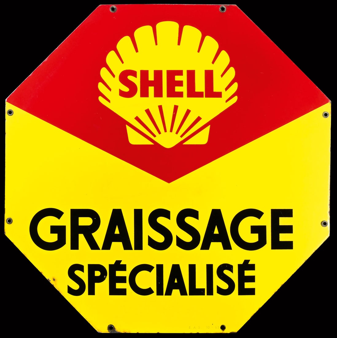 SHELL GRAISSAGE SPECIALISE | 30" PORCELAIN SIGN: Porcelain sign ( Enamel sign ), stenciled, F October 1963, 75 x 75 cm, E.A.S. | We do only sell old original pieces - no reproductions or fakes. We pack in house, most items can be shipped overseas. W