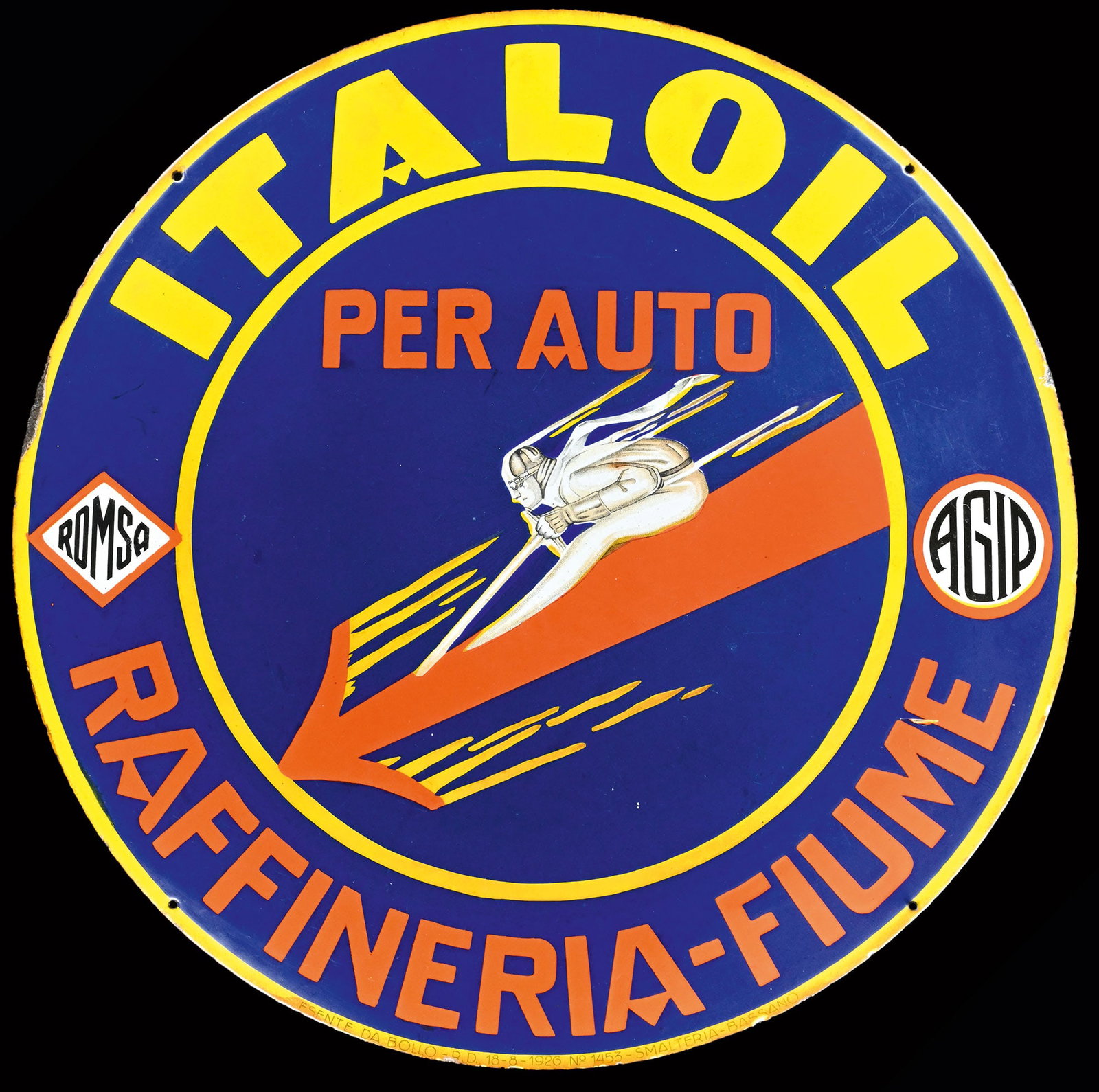 ITALOIL - AGIP - ROMSA | RARE 24" PORCELAIN SIGN | VERY NICE CONDITION: Enamel, convex, stenciled and lithographed, diam. 61 cm, Smalteria Bassano, a rarity in extraordinary preservation, even the lithograph of the racing driver still fresh, dynamically, with sparks flyin