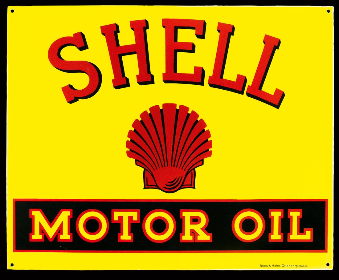 SHELL MOTOR OIL | 38" PORCELAIN SIGN | SUPERB CONDITION: Porcelain sign ( Enamel sign ), stenciled, 1930s, 96 x 78 cm, Boos & Hahn, Ortenberg-Baden, at the time, hardly any other corporation invested as heavily in advertising of all kinds as Shell did. From