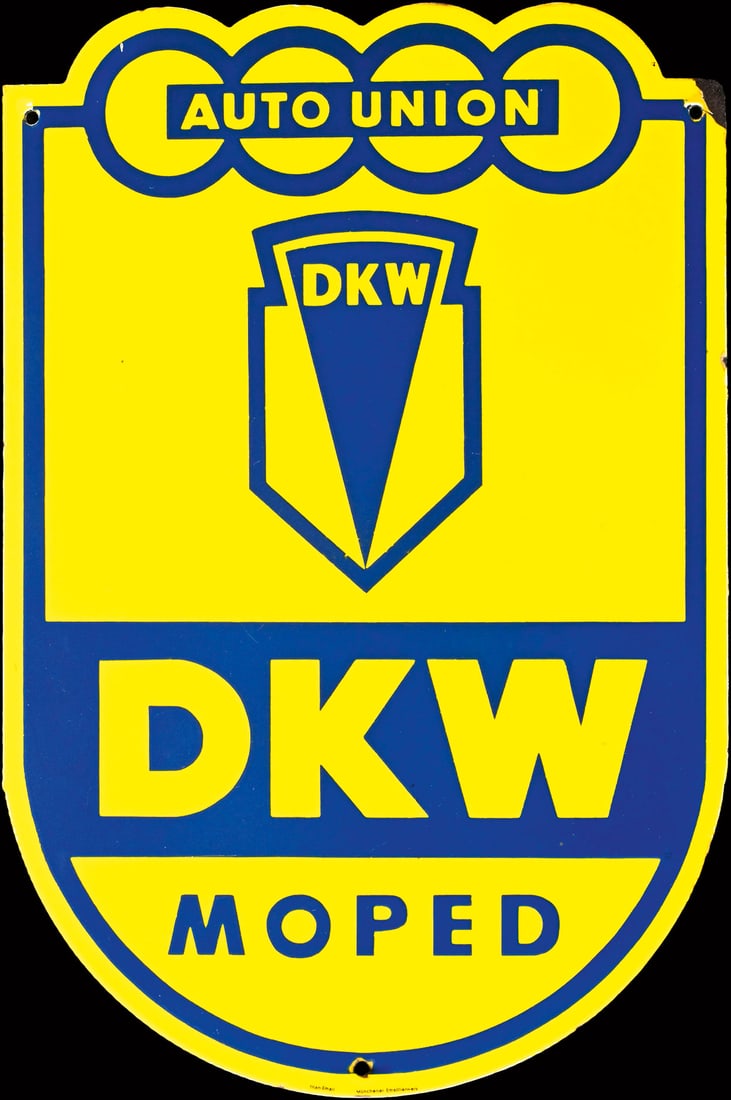 AUTO UNION DKW MOPED | 18" PORCELAIN SIGN: Porcelain sign ( Enamel sign ), stenciled, GER around 1950, 30 x 45 cm, Titan-Email, Muenchener Emaillierwerk, rare small version, it appears that over the years, the advertisement for the new 'Solo' 