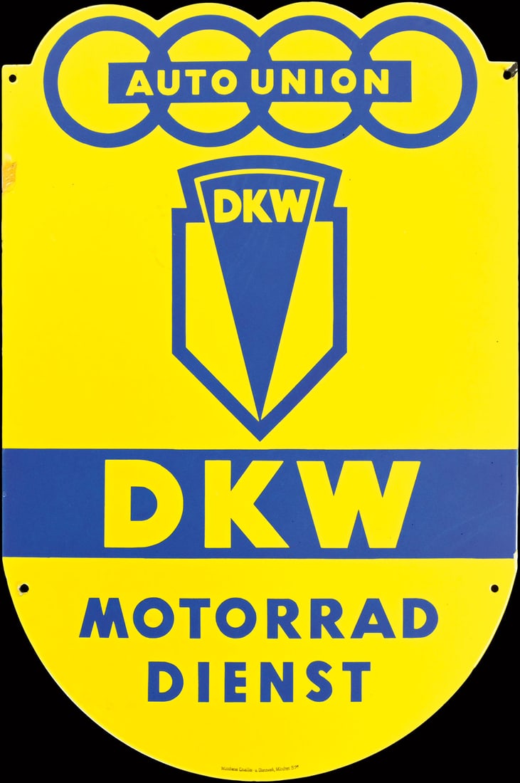 AUTO UNION DKW MOTORRAD DIENST | 27" PORCELAIN SIGN: Porcelain sign ( Enamel sign ), stenciled, GER 1930s, 45 x 68 cm, Muenchener Emaillier- und Stanzwerke | We do only sell old original pieces - no reproductions or fakes. We pack in house, most items c