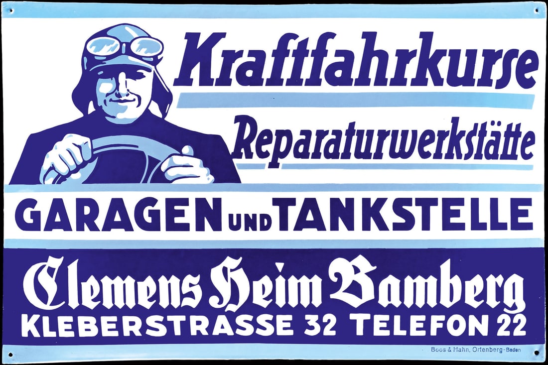 KRAFTFAHRKURSE REPARATURWERKSTAETTE CLEMENS HEIM | 30" PORCELAIN SIGN | SUPERB CONDITION: Porcelain sign ( Enamel sign ), convex, stenciled, GER around 1930, 75 x 50 cm, Pyro-Email, Boos & Hahn, Ortenberg-Baden, whether it's driving lessons, a trip to the repair shop, or filling up at the 