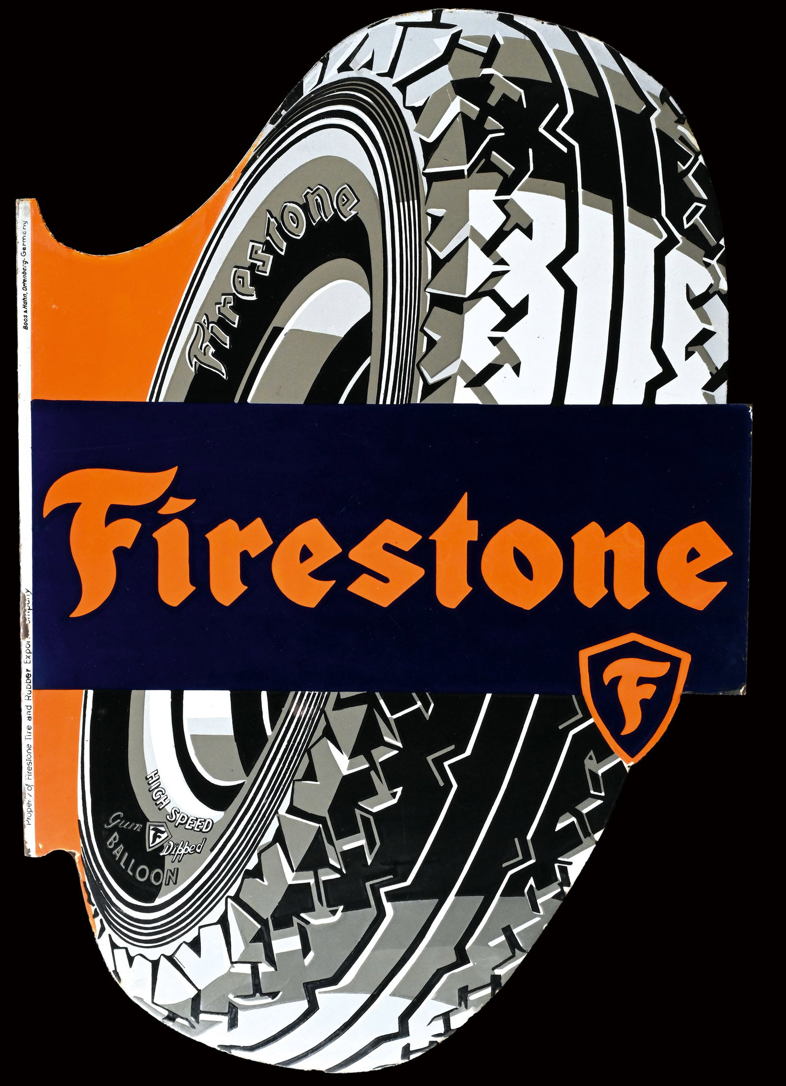 FIRESTONE | 26" PORCELAIN SIGN | DOUBLE SIDED FLANGE: Porcelain sign ( Enamel sign ) as double-sided flange, stenciled, around 1930, 45 x 65 cm, Pyro-Email, Boos & Hahn, Ortenberg, Germany, rare in general but especially in such a fine preservation, only