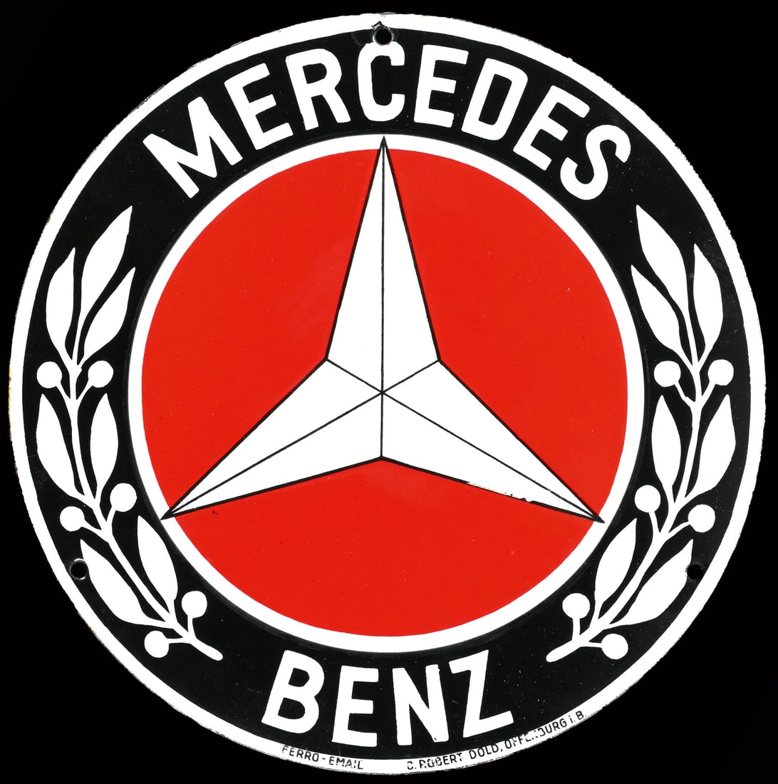 MERCEDES BENZ | SMALL 10" PORCELAIN SIGN: Porcelain sign ( Enamel sign ), convex, stenciled and lithographed, GER around 1926, diam. 25 cm, Ferro-Email, C. Robert Dold, Offenburg i.B., one of the first Mercedes-Benz emblems, which remains ins