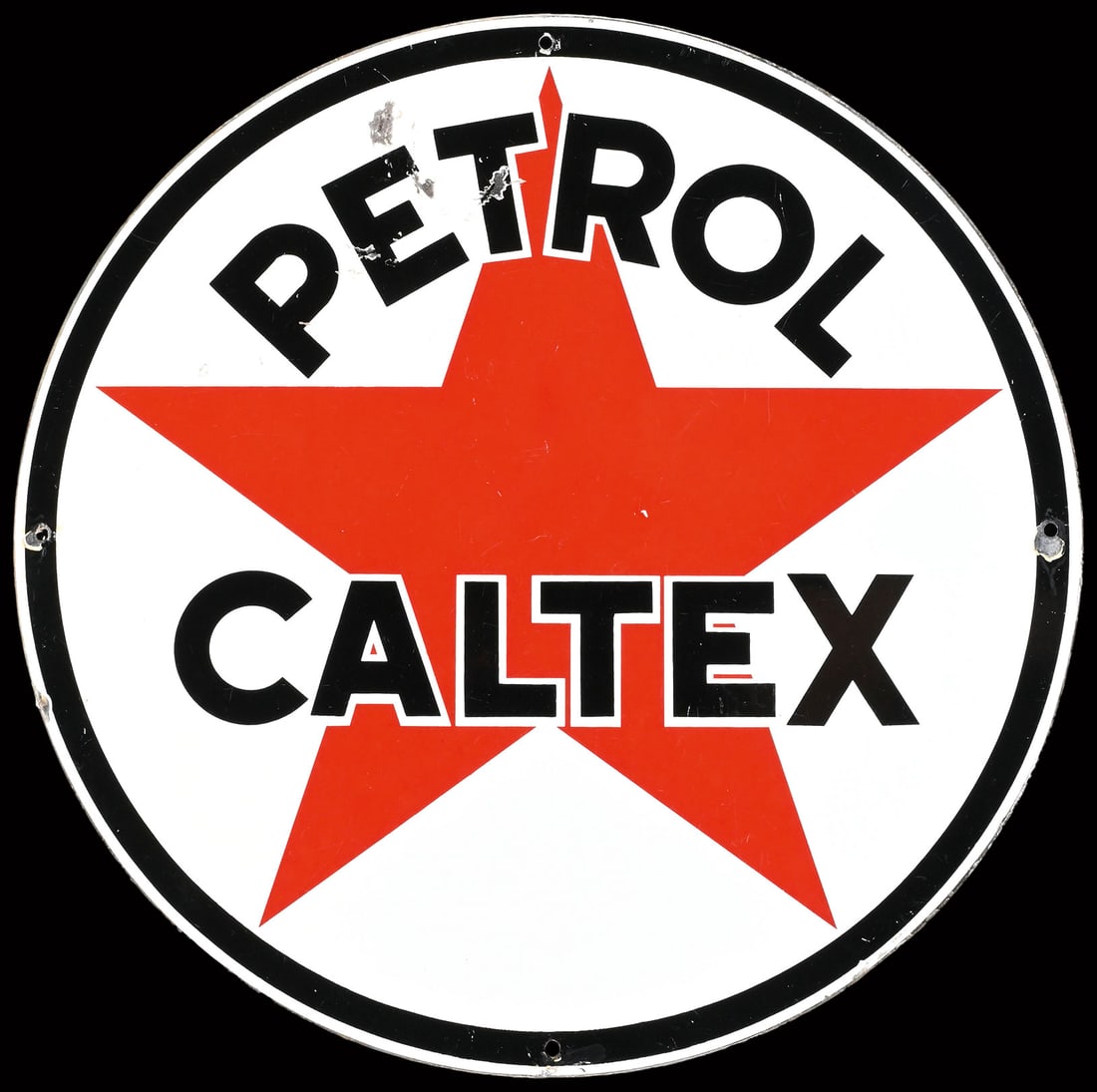 CALTEX PETROL | 20" PORCELAIN SIGN: Porcelain sign ( Enamel sign ), stenciled, around 1960, diam. 50 cm | We do only sell old original pieces - no reproductions or fakes. We pack in house, most items can be shipped overseas. Wooden crat