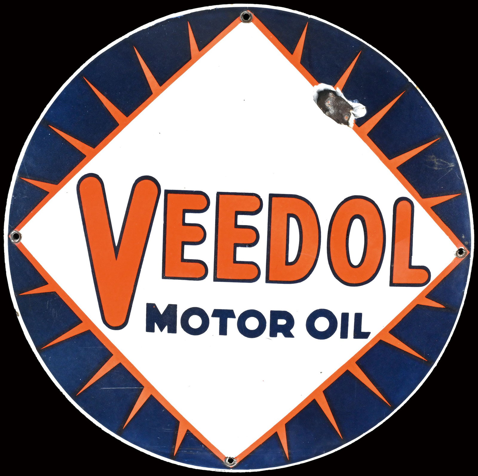 VEEDOL MOTOR OIL | 19" PORCELAIN SIGN: Porcelain sign ( Enamel sign ), convex, stenciled, CH 1930s, diam. 49 cm, marked: Importe de Belgique | We do only sell old original pieces - no reproductions or fakes. We pack in house, most items ca