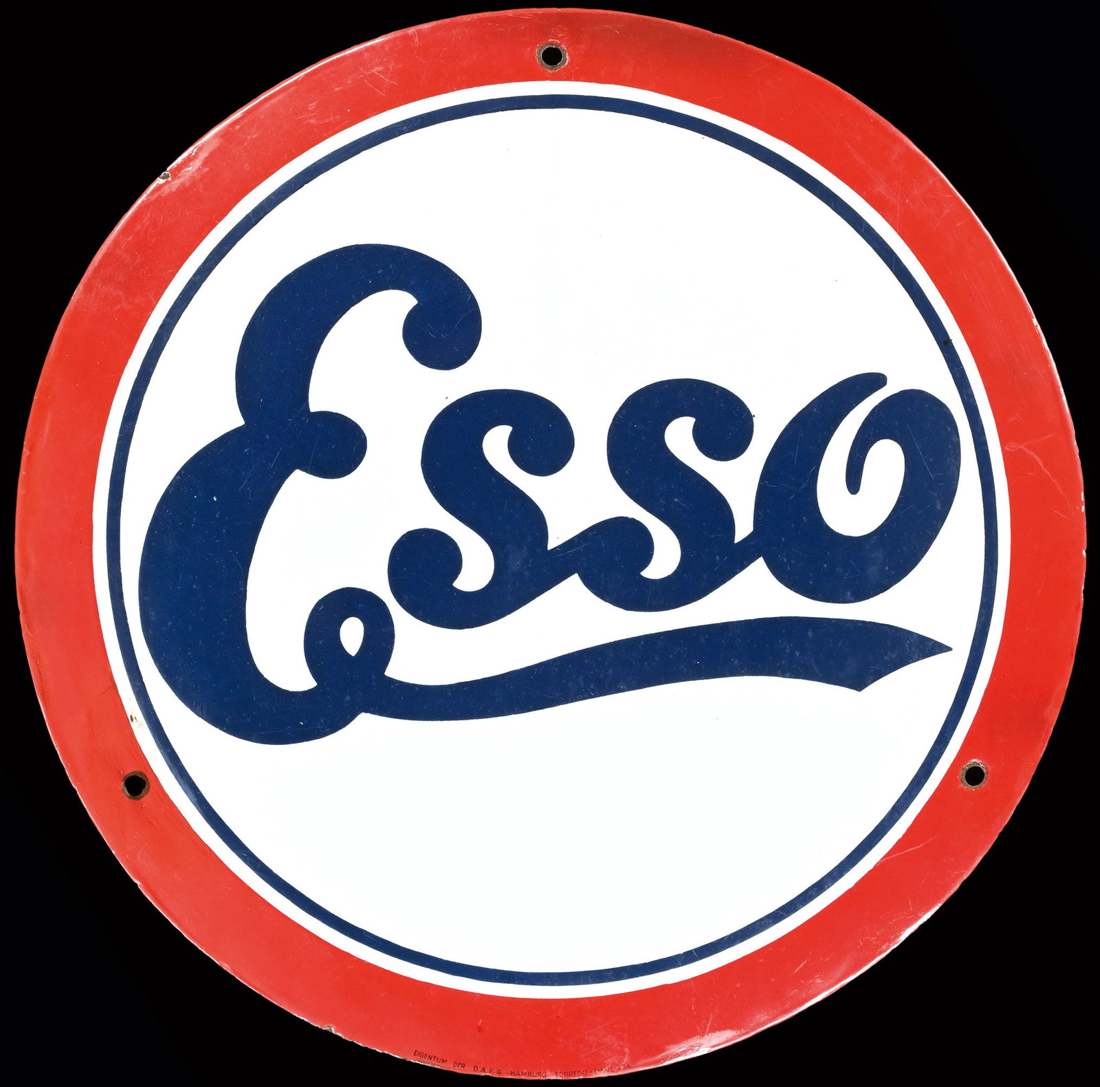 ESSO | 16" PORCELAIN SIGN: Porcelain sign ( Enamel sign ), convex, stenciled, GER dated April 1934, diam. 40 cm, Torpedo-Email, minor damages in the border area and a two finger wide damage around the left screw hole have been 