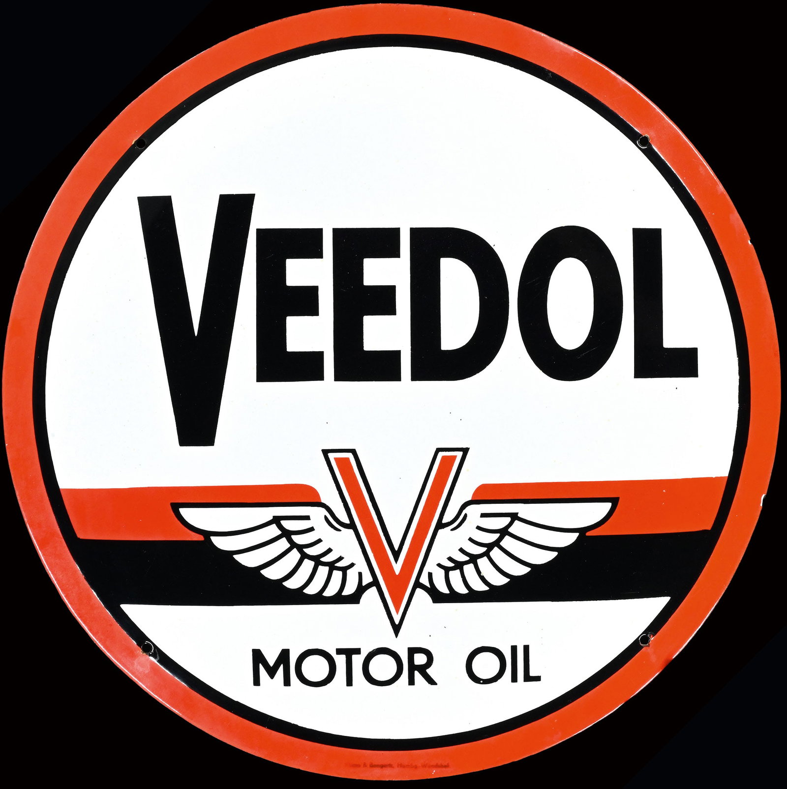 VEEDOL MOTOR OIL | 20" PORCELAIN SIGN | SUPERB CONDITION: Porcelain sign ( Enamel sign ), convex, stenciled, around 1950, diam. 50 cm, Klimo & Bongartz, Hamburg-Wandsbek | We do only sell old original pieces - no reproductions or fakes. We pack in house, mos