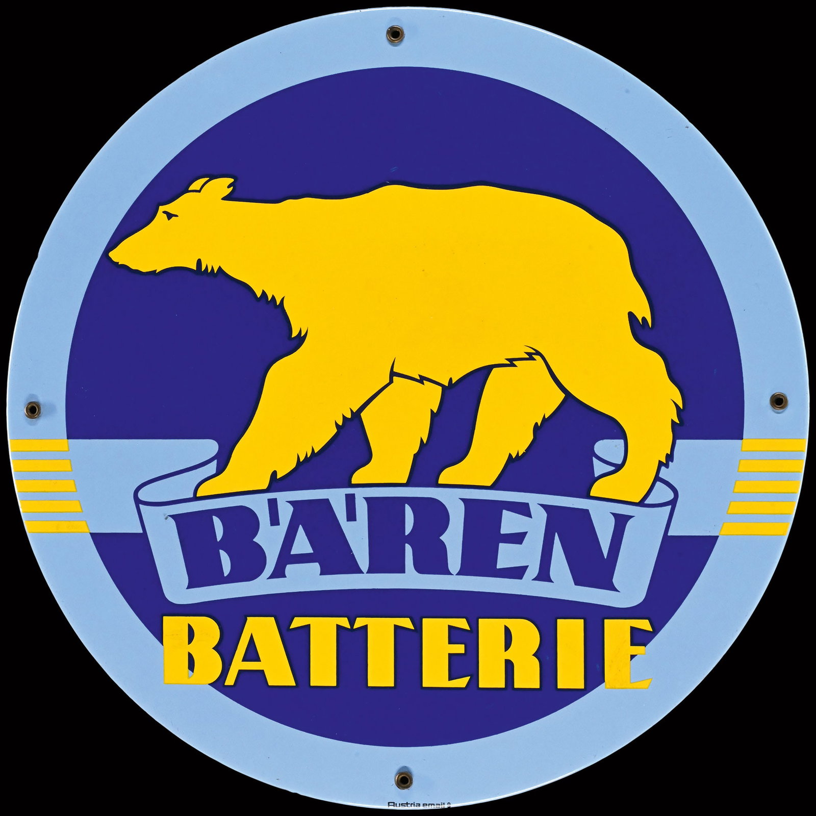 BAEREN BATTERIE | 19" PORCELAIN SIGN | SUPERB CONDITION: Porcelain sign ( Enamel sign ), stenciled, AT 1950s, diam. 48 cm, Austria Email | We do only sell old original pieces - no reproductions or fakes. We pack in house, most items can be shipped overseas.