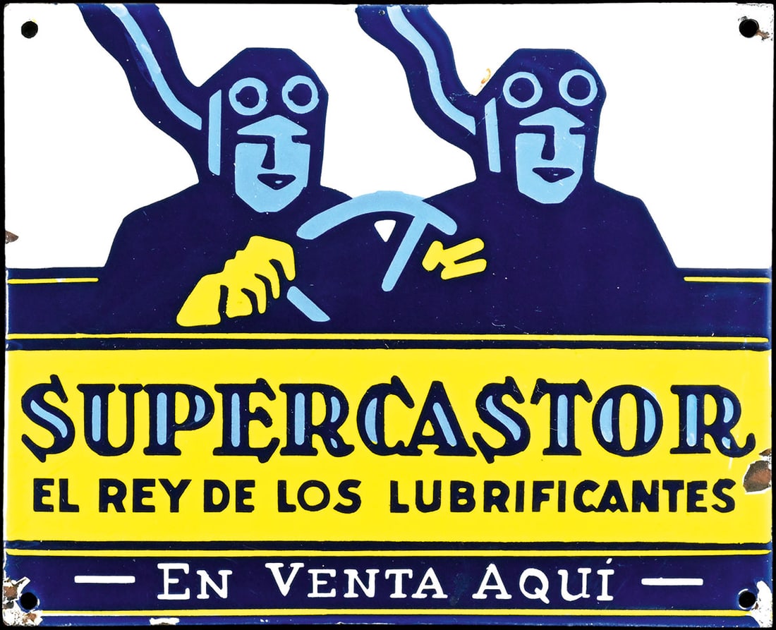 SUPERCASTOR LUBRIFICANTES | 10" PORCELAIN SIGN: Porcelain sign ( Enamel sign ), convex, stenciled, ARG around 1930, 25 x 20 cm, a special sign from South America featuring the two race car drivers behind the wheel with their scarves fluttering in t