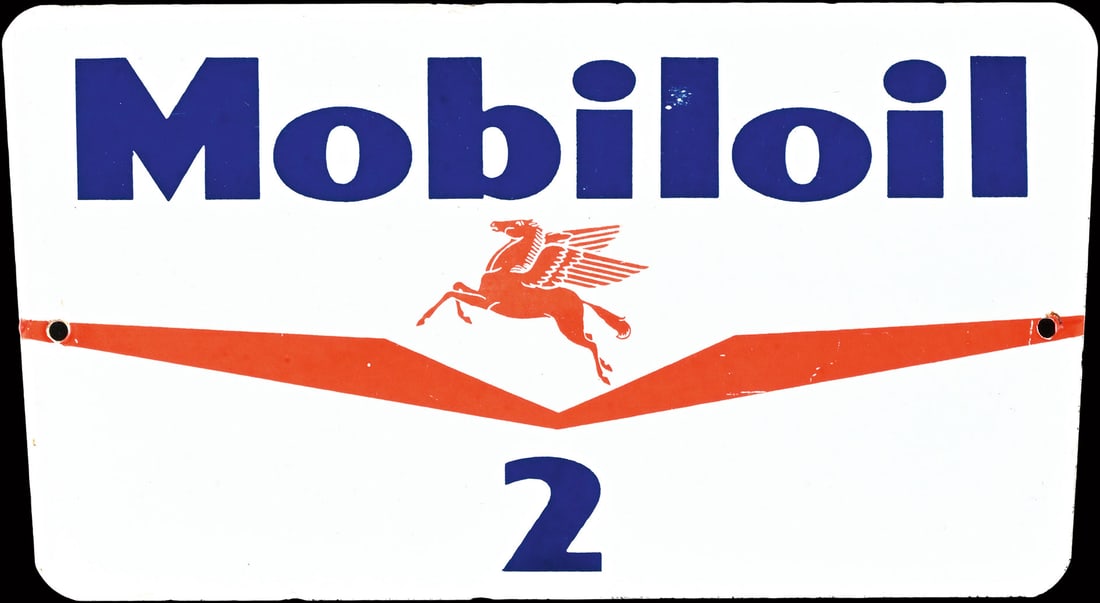 MOBILOIL n deg. 2 | 9" PORCELAIN SIGN | SUPERB CONDITION: Porcelain sign ( Enamel sign ), stenciled, around 1960, 23 x 12 cm | We do only sell old original pieces - no reproductions or fakes. We pack in house, most items can be shipped overseas. Wooden crate